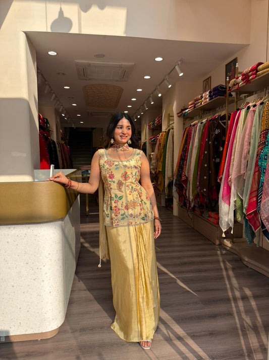 Golden Embroidered Indo-Western Co-ord Set for Women | Festive & Wedding Wear