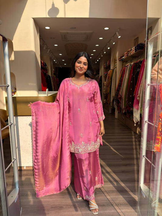 Rani Pink Embroidered Kurta Set with Dupatta for Women | Festive & Wedding Wear