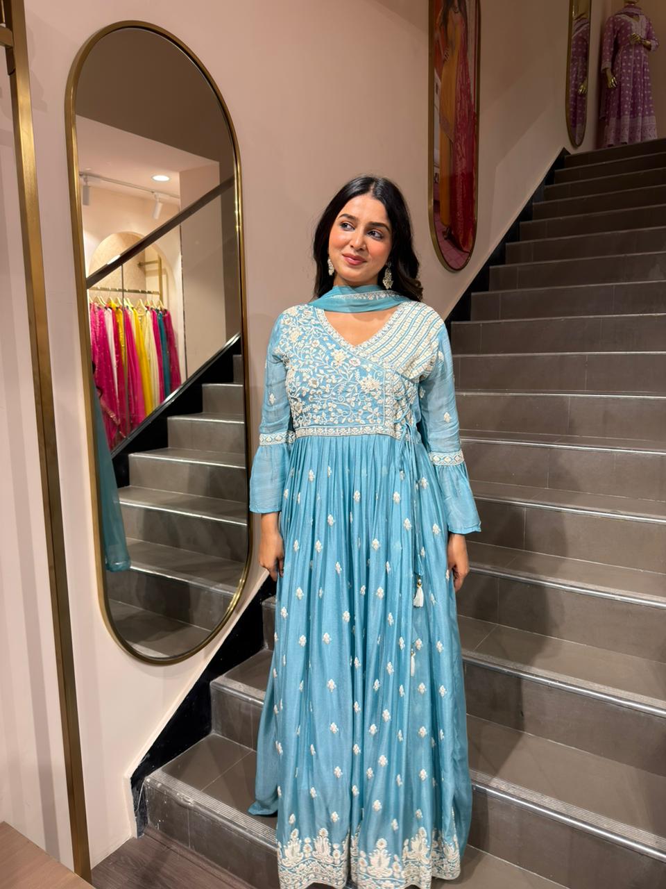 Sky Blue Embroidered Anarkali Kurta Set with Dupatta for Women | Festive Party Wear