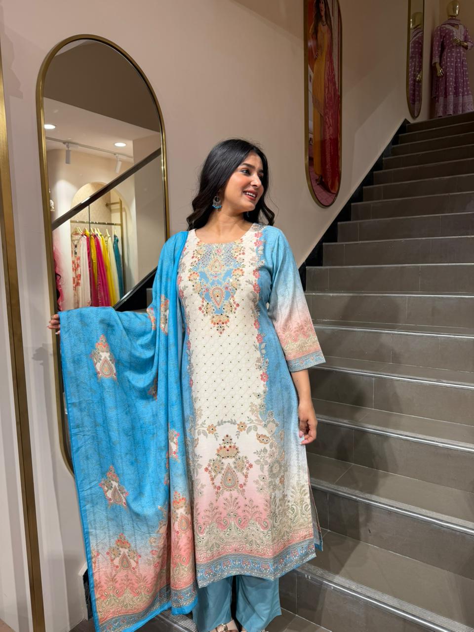Elegant Sky Blue Printed Lawn 3 Piece Suit for Women – Summer Wear Kurta Set with Dupatta