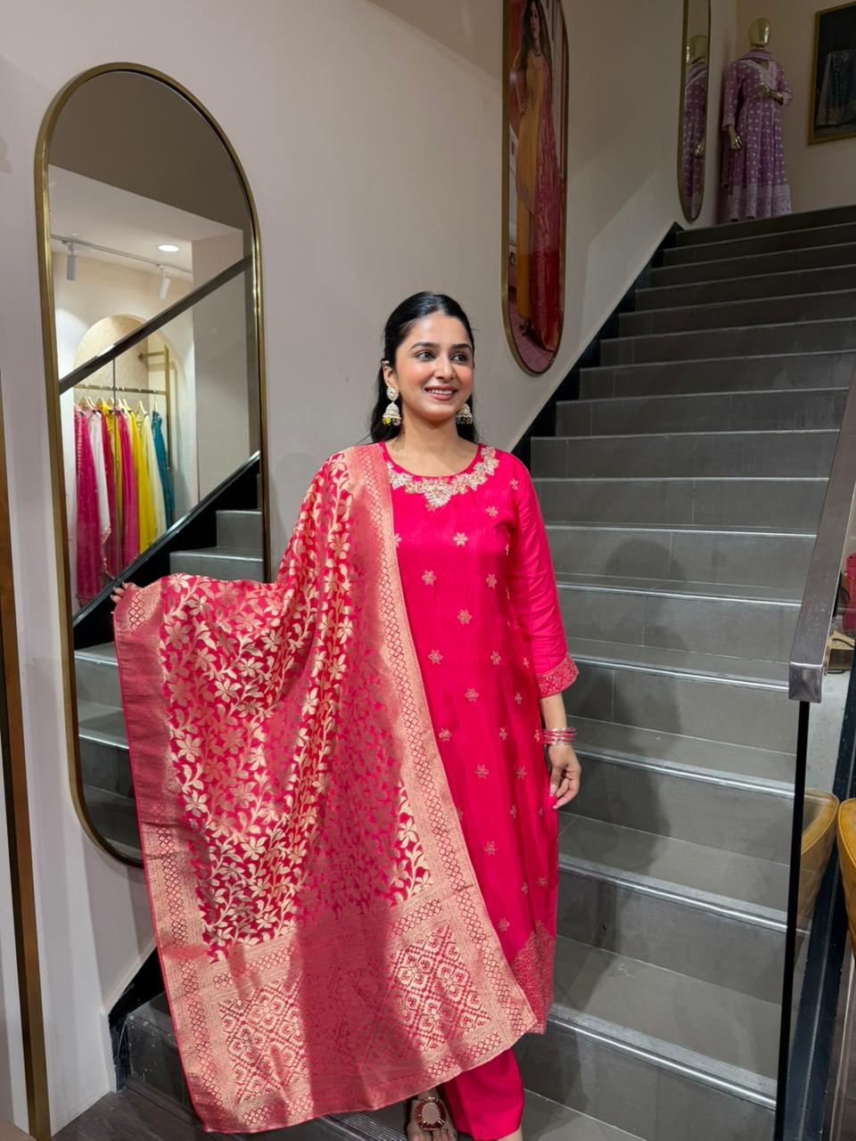 Luxury Hot Pink Embroidered 3 Piece Suit with Banarasi Style Dupatta – Festive Wear for Women