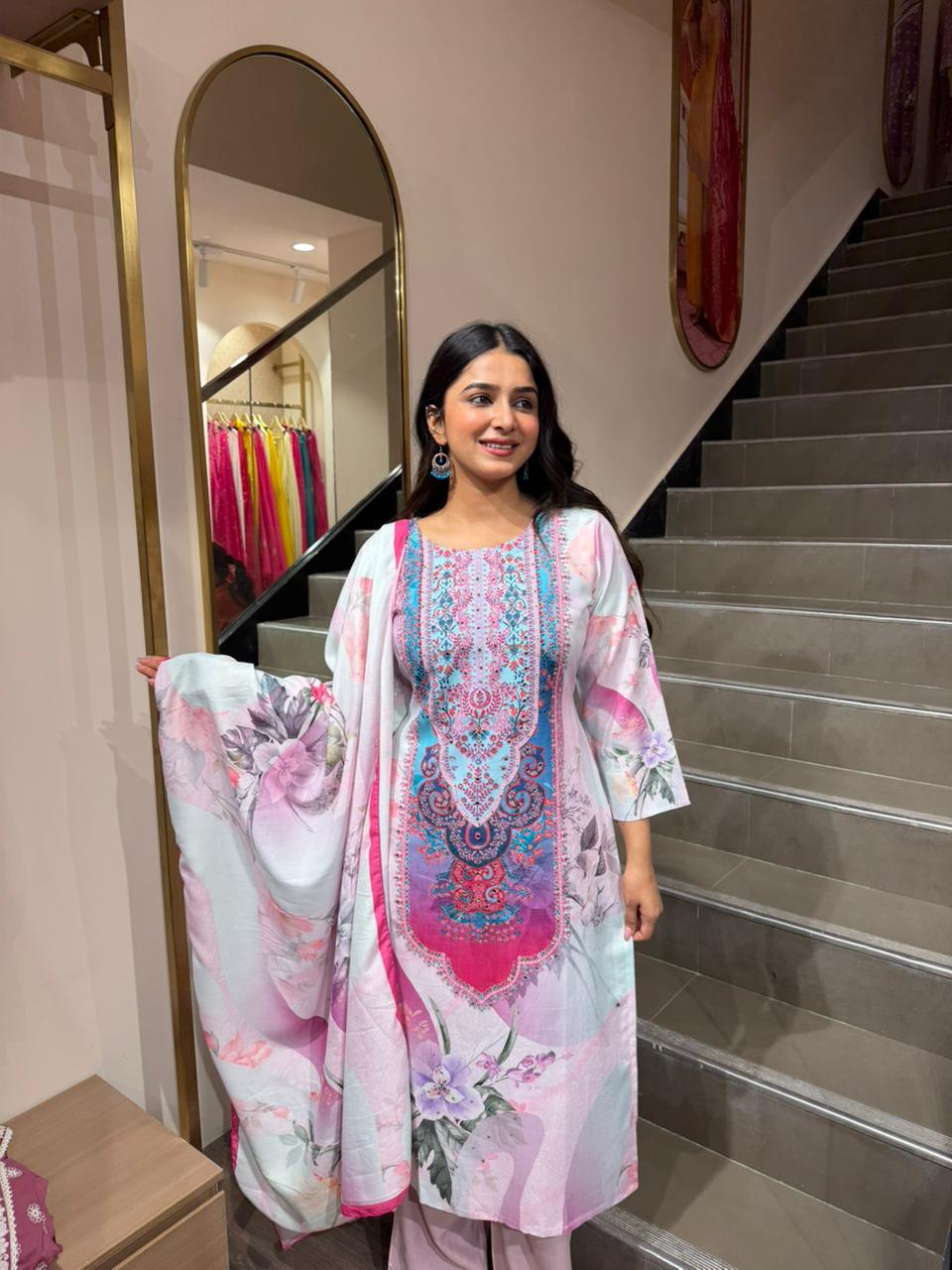 Pastel Pink Floral Printed Lawn 3 Piece Suit for Women – Elegant Summer Kurta Set with Dupatta