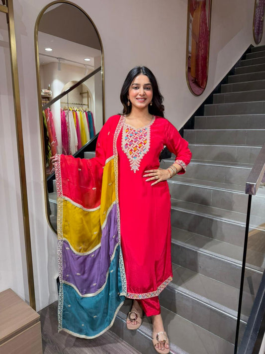 Red Embroidered Kurta Suit with Multicolor Dupatta – 3 Piece Festive Wear