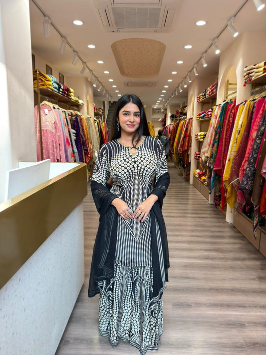 Black Printed Kurta Sharara Set with Dupatta for Women | Elegant Ethnic Co-ord Set