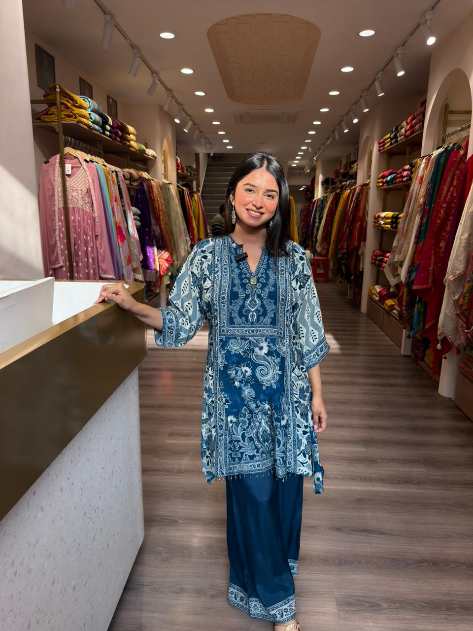 Blue Printed Kurti with Palazzo Pants for Women | Elegant Indo-Western Co-ord Set