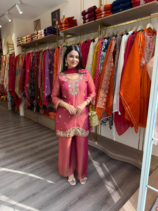 Pink Embroidered Kurta Sharara Set with Dupatta for Women | Wedding & Festive Wear