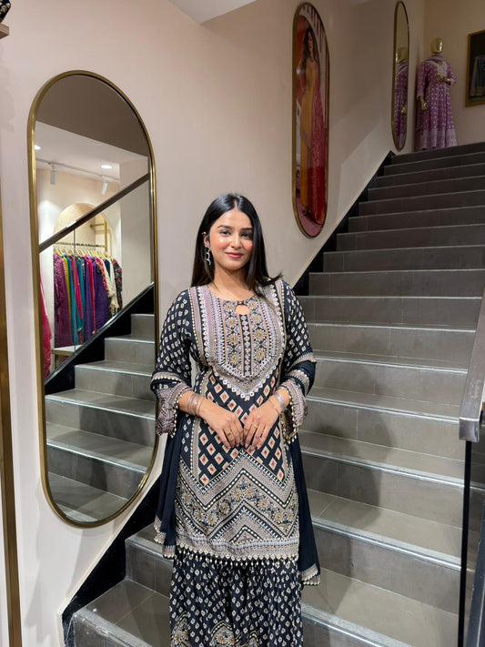 Black Printed Kurta Sharara Set with Dupatta – Ethnic Festive Wear for Women