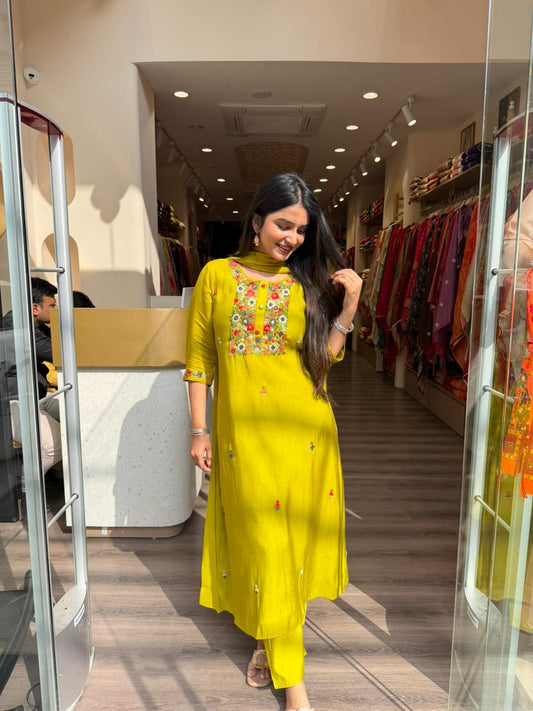 Mustard Yellow Embroidered Straight Kurta Set with Dupatta for Women