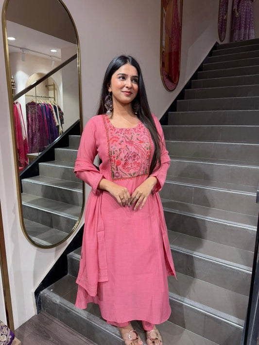 Rose Pink Embroidered A-Line Kurta Set with Dupatta for Women