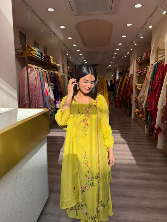 Lime Yellow Floral Embroidered Kurta Set with Dupatta for Women