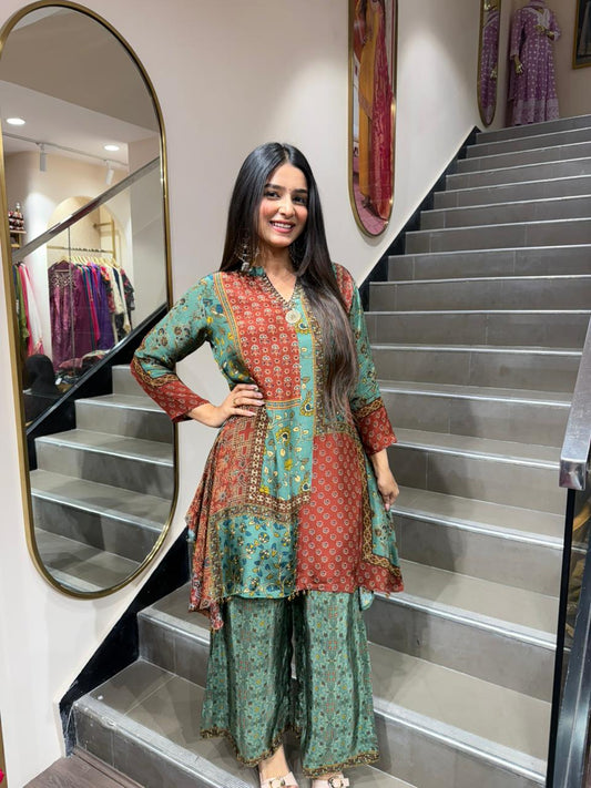 Multi Color Patchwork Printed Peplum Kurti with Sharara Set for Women