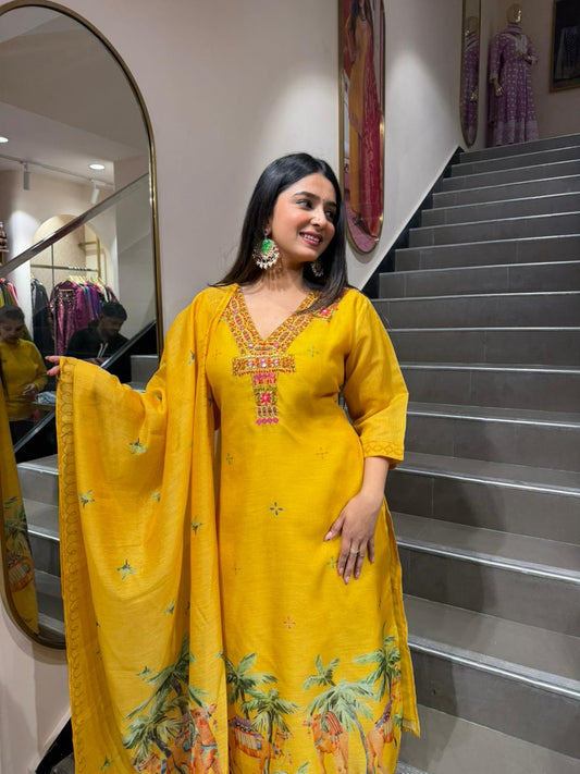 Yellow Scenic Printed Kurta Set with Dupatta for Women | Camel & Palm Design