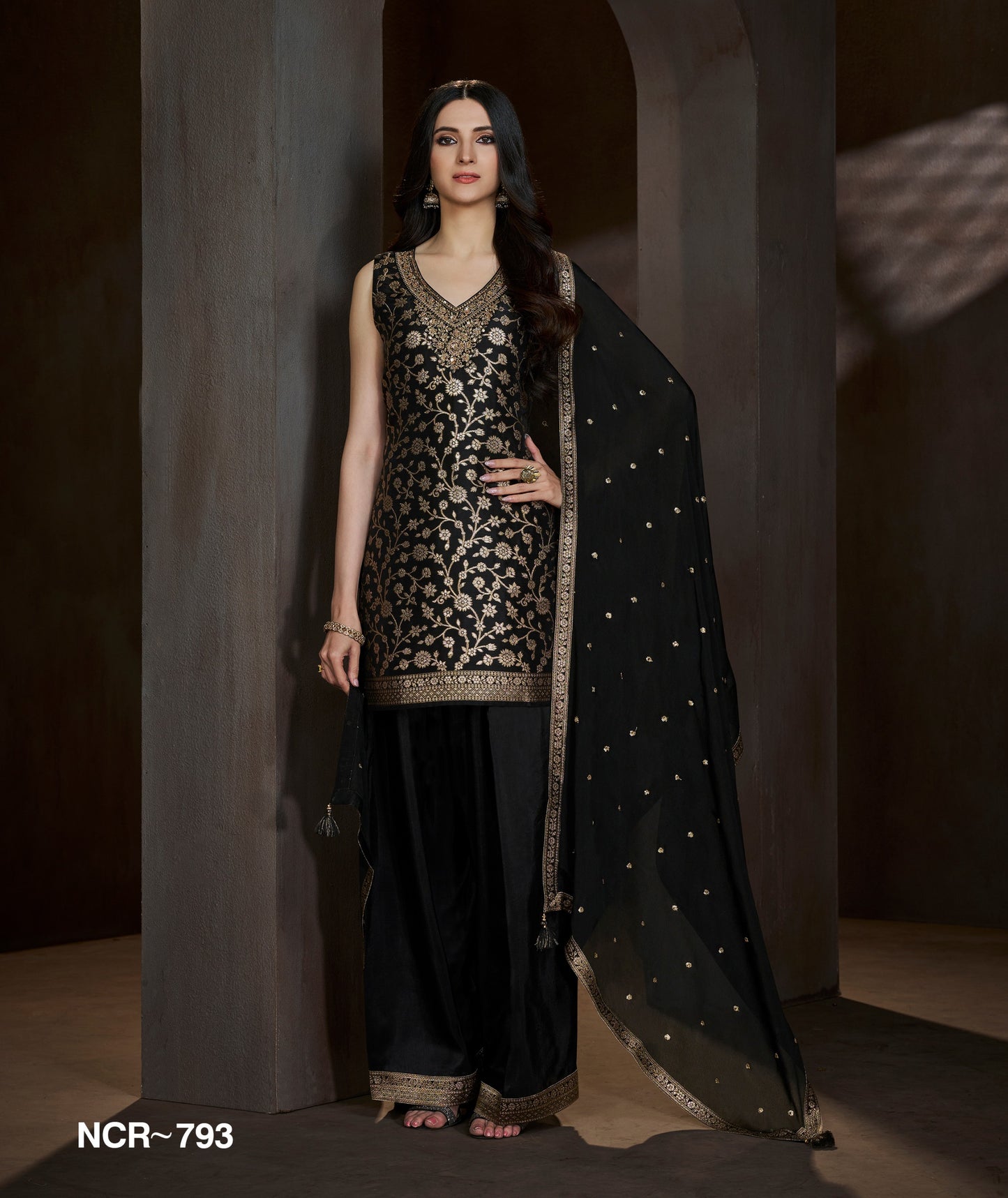 Black & Gold Embroidered Palazzo Suit Set with Dupatta for Women | Luxury Wedding & Festive Wear