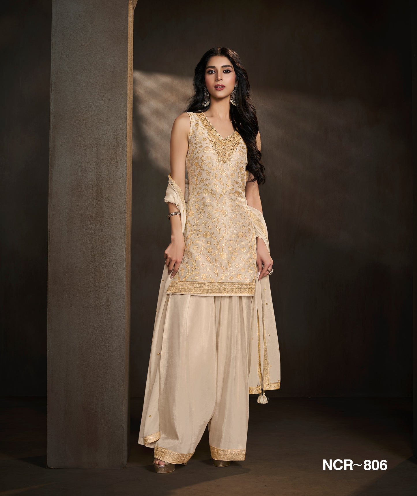 Cream & Gold Embroidered Sharara Suit Set with Dupatta for Women | Luxury Wedding & Festive Wear