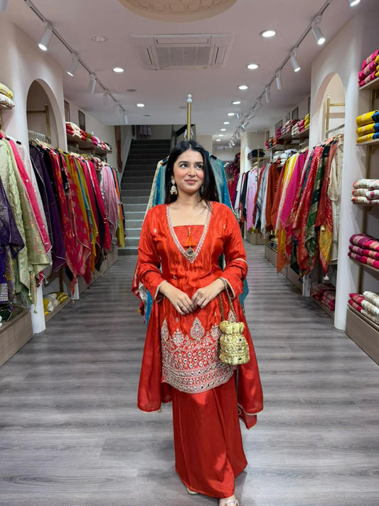 Red Heavy Embroidered Kurta Set with Dupatta for Women | Wedding Wear