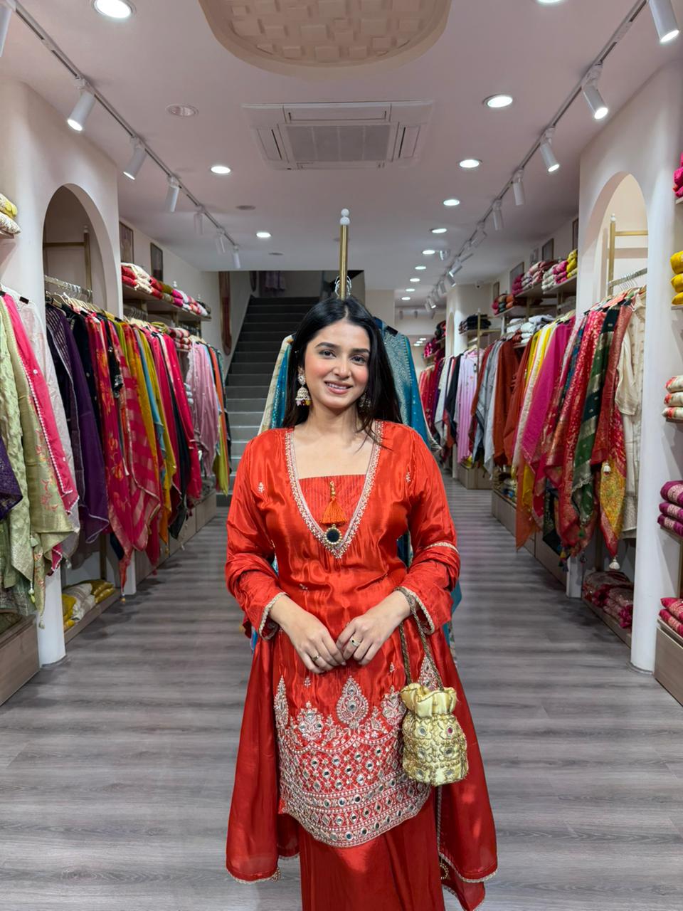 Luxury Red Embroidered Kurta Set with Palazzo & Dupatta for Women | Wedding & Festive Wear