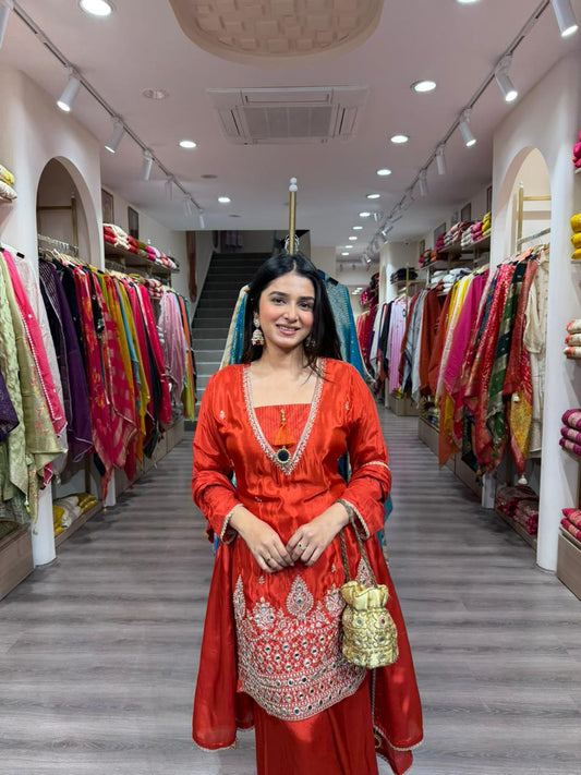 Luxury Red Embroidered Kurta Set with Palazzo & Dupatta for Women | Wedding & Festive Wear
