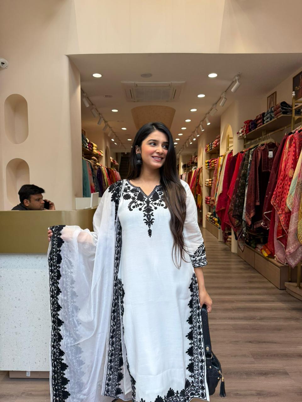 White & Black Embroidered Kurta Set with Dupatta for Women | Elegant Ethnic Wear
