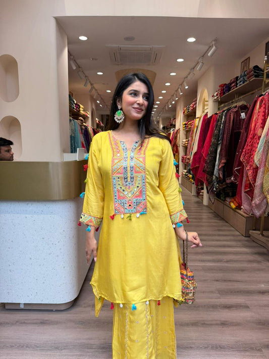 Mustard Yellow Embroidered Straight Kurta Set with Tassels for Women | Casual & Festive Wear