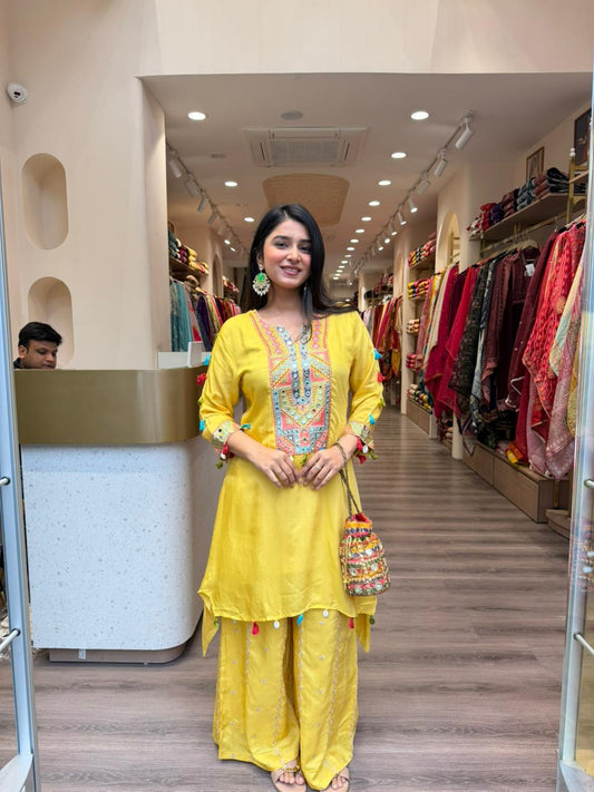 Bright Yellow Embroidered Kurta Set with Sharara Palazzo for Women | Festive Wear