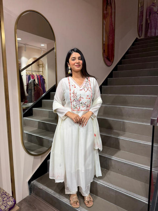 White Floral Embroidered A-Line Kurta Set with Dupatta for Women