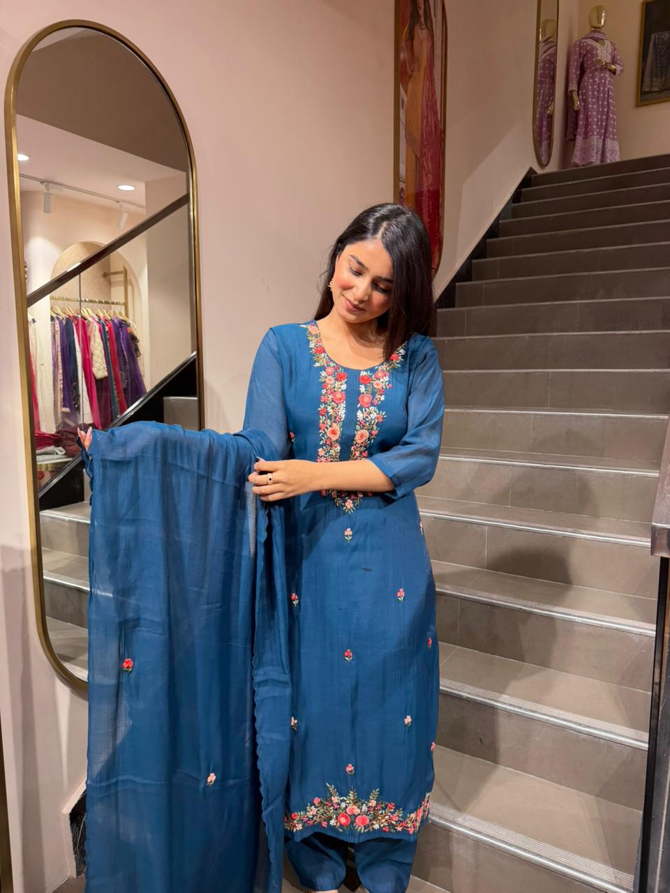 Teal Blue Floral Embroidered Kurta Set with Dupatta for Women