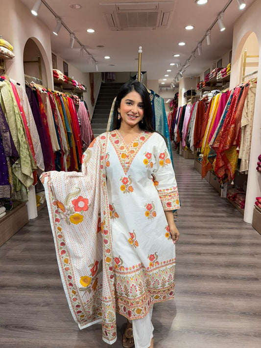 Powder Blue Floral Printed Cotton Kurta Set with Dupatta for Women | Summer Daily Wear