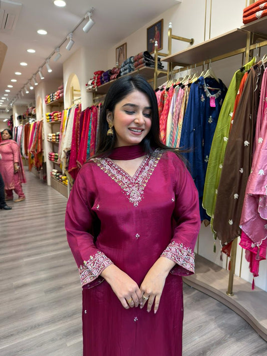 Wine Maroon Embroidered Kurta Set with Dupatta for Women | Festive Wear