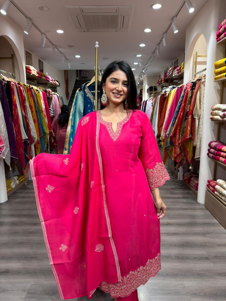 Rani Pink Embroidered Kurta Set with Dupatta for Women | Elegant Festive Wear Suit