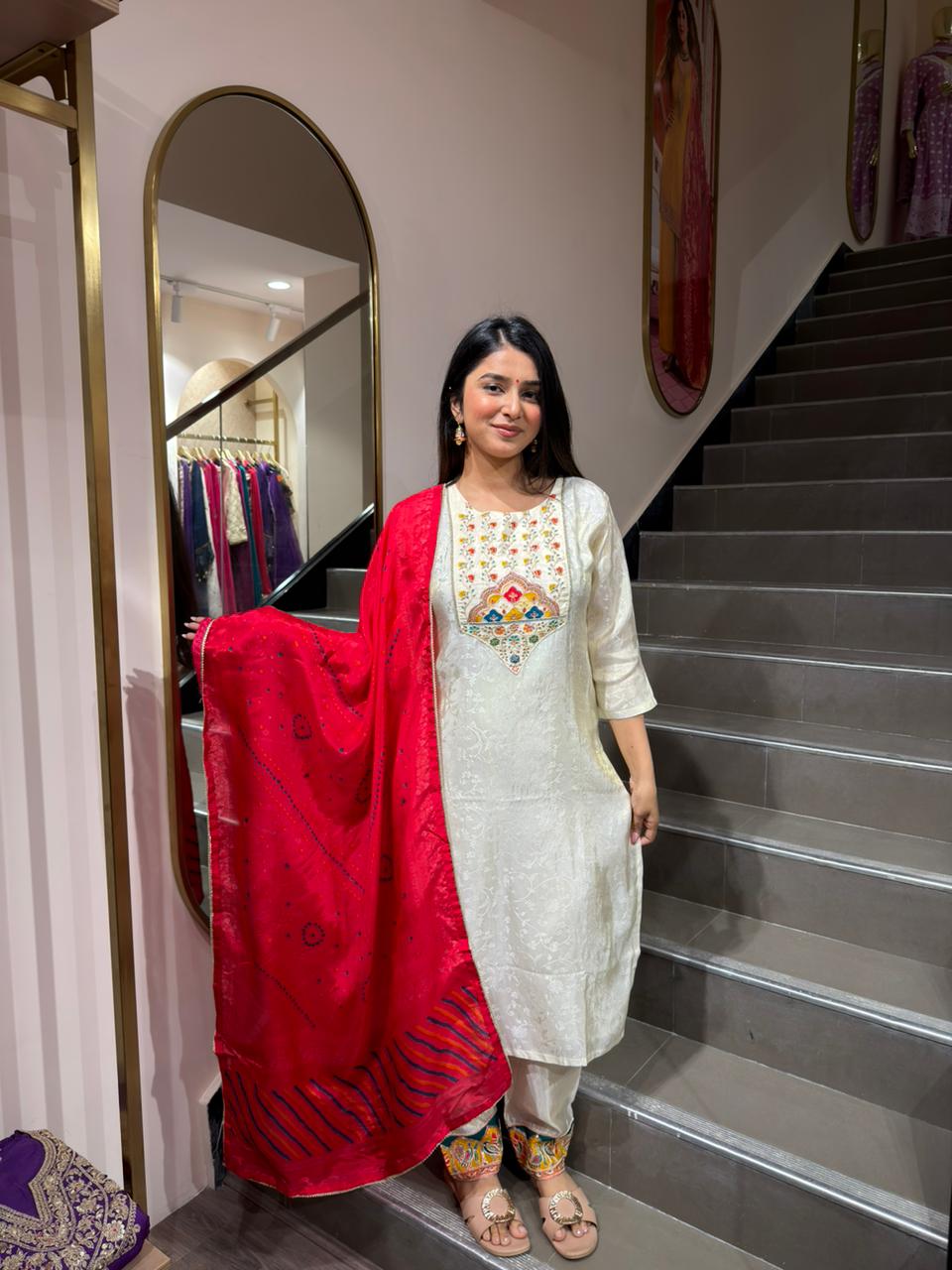 Off White Embroidered Kurta Set with Red Dupatta for Women | Elegant Festive Ethnic Wear