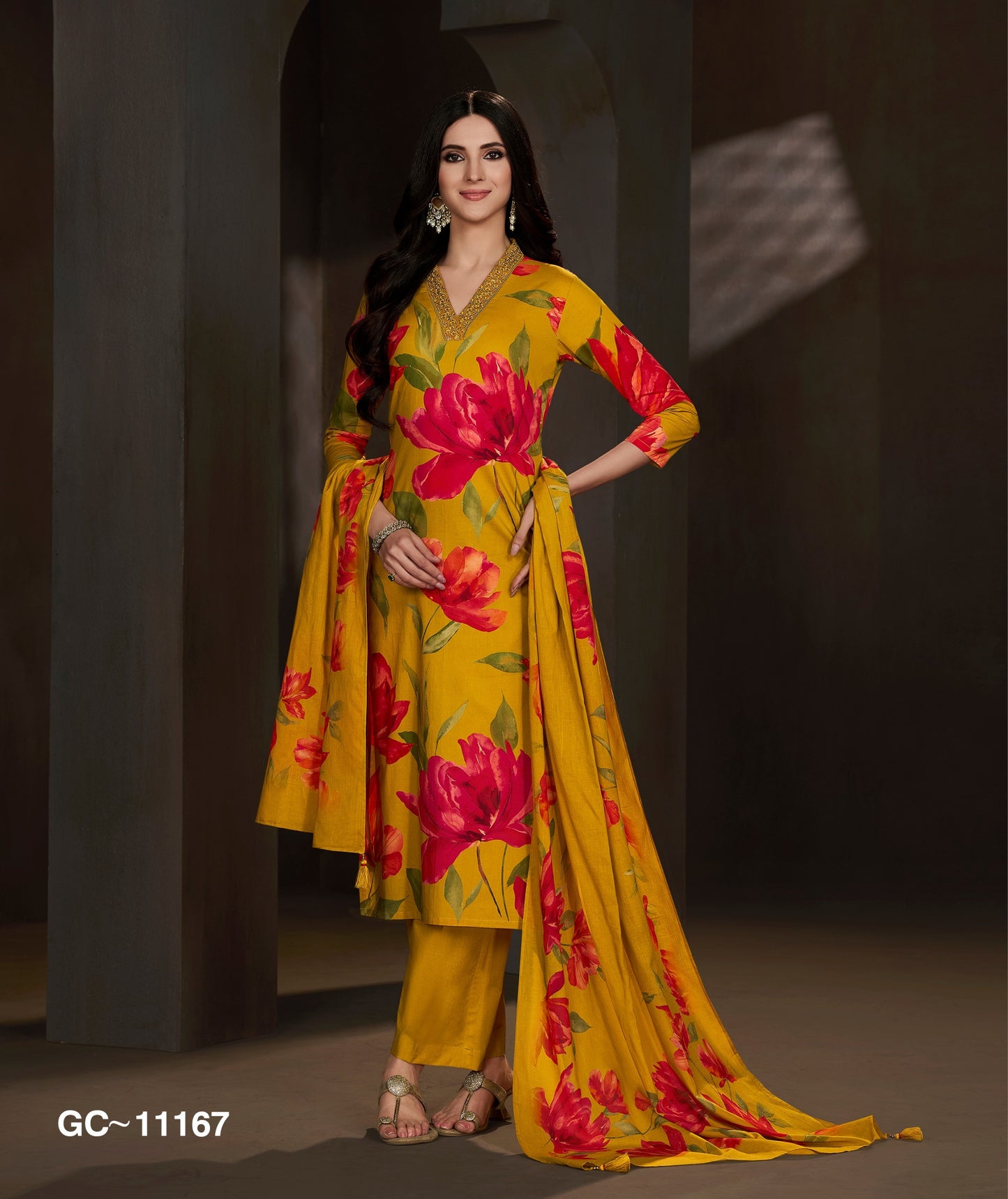 Mustard Yellow Floral Printed Kurta Set with Dupatta for Women | Festive & Party Wear Ethnic Suit