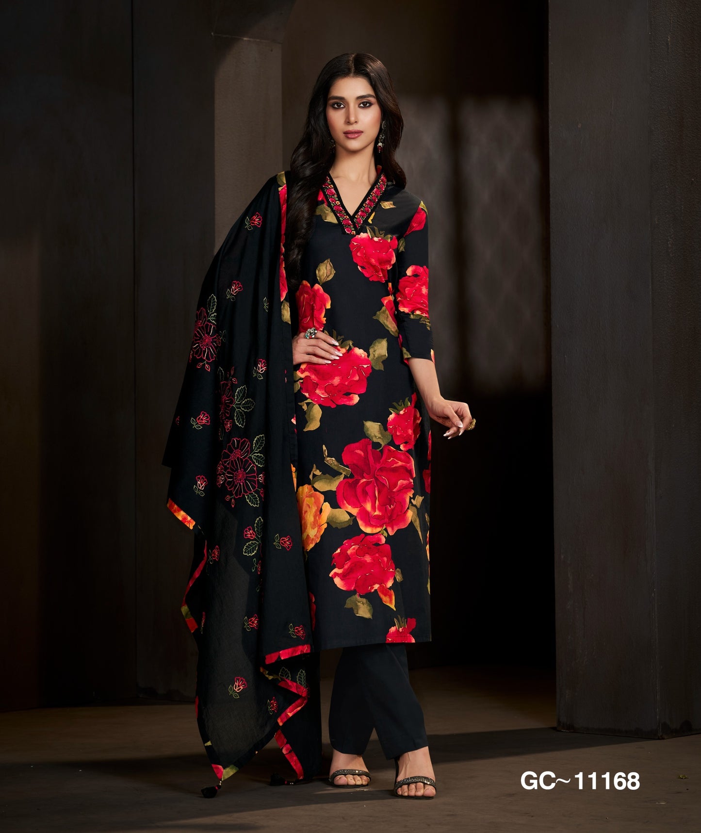 Black Floral Printed Kurta Set with Dupatta for Women | Elegant Festive & Party Wear Suit