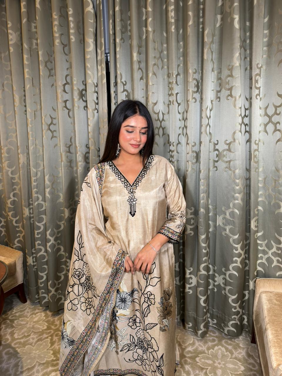 Beige Floral Printed Kurta Set with Dupatta for Women | Elegant Festive Ethnic Wear