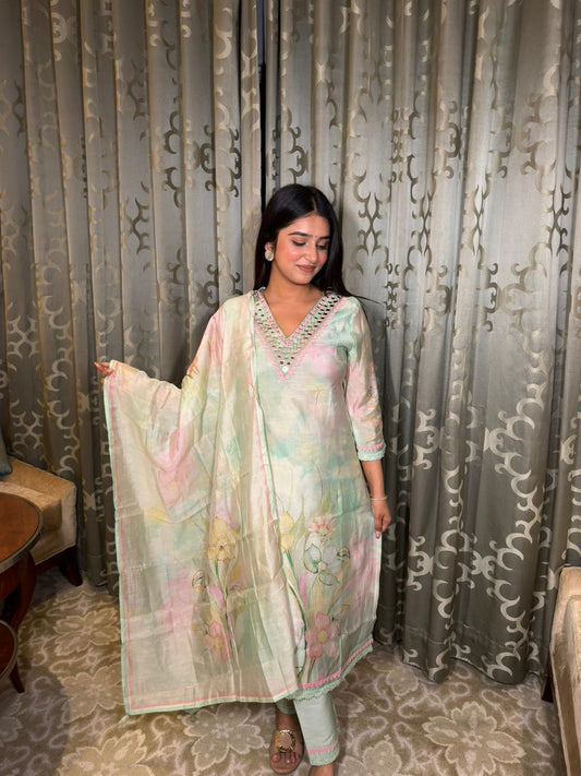 Pastel Mint Floral Printed Kurta Set with Dupatta – Lightweight Summer Ethnic Wear