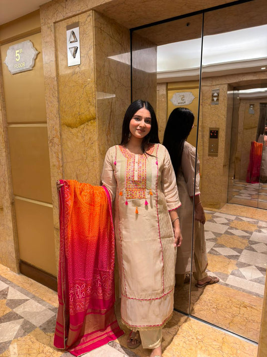 Beige Embroidered Kurta Set with Bright Bandhani Dupatta – Festive Ethnic Wear for Women