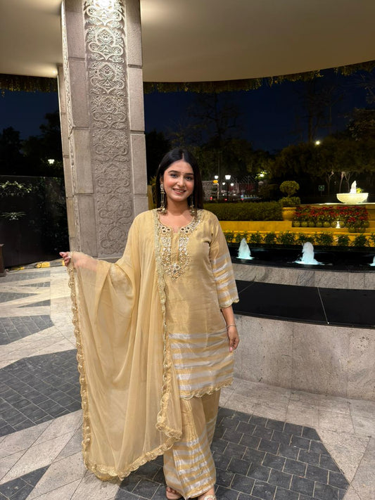 Golden Embroidered Silk Kurta Set with Organza Dupatta – Luxury Festive Wear for Women