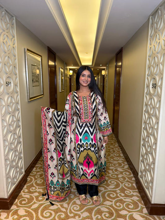 Beige Multicolor Ikat Printed Kurta Set with Dupatta for Women | Festive & Party Wear