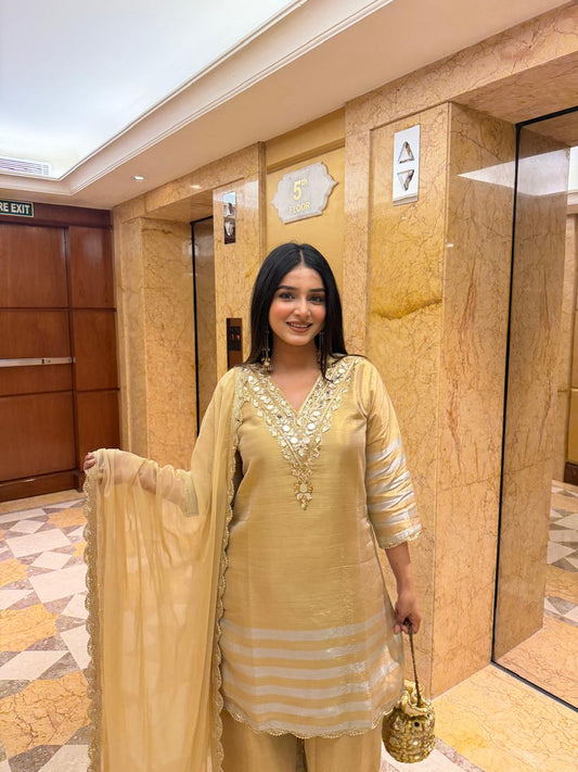 Golden Mirror Work Kurta Set with Organza Dupatta – Luxury Wedding Wear for Women