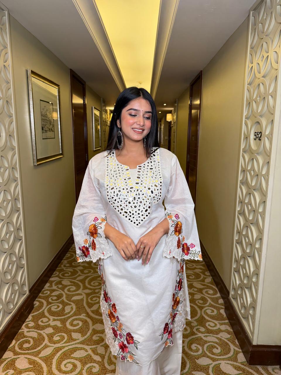 White Floral Embroidered Kurta Set – Elegant Minimal Ethnic Wear for Women