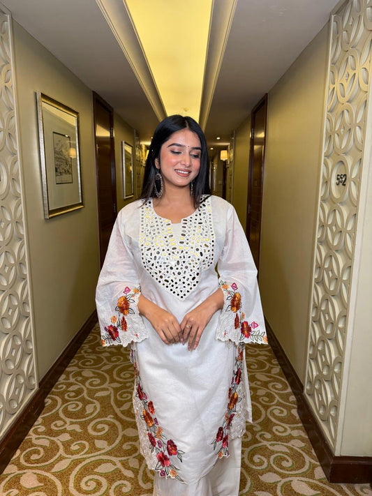 White Floral Embroidered Kurta Set – Elegant Minimal Ethnic Wear for Women