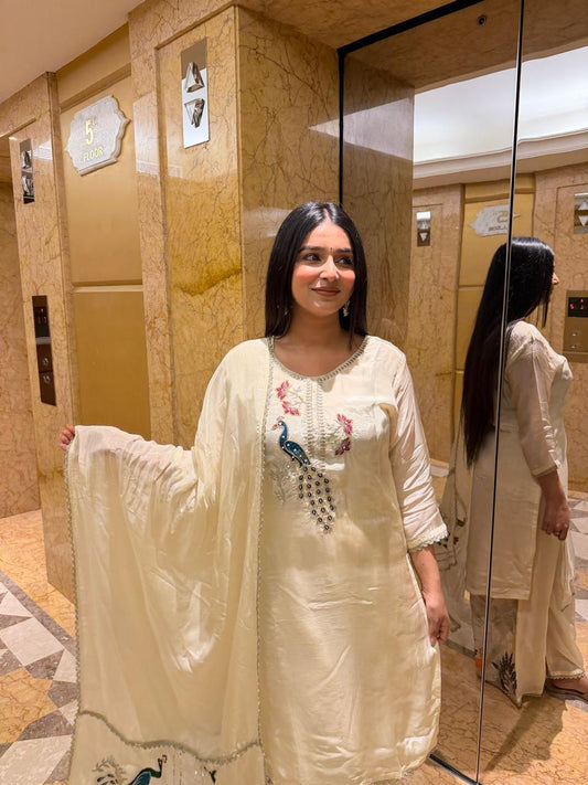 Cream Peacock Embroidered Kurta Set with Dupatta – Elegant Ethnic Wear for Women