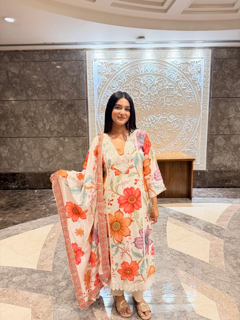 Elegant Floral Printed Lawn 3 Piece Suit with Embroidered Neck & Dupatta – Summer Collection