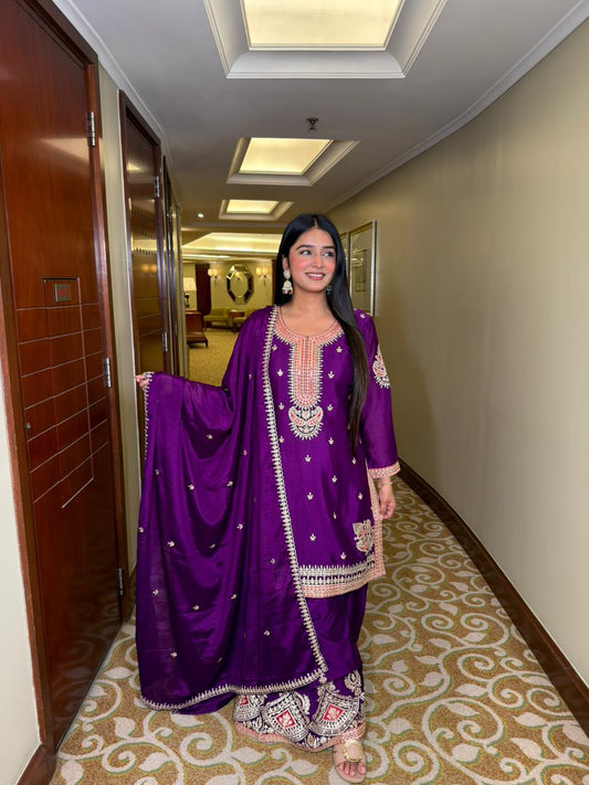 Women Royal Purple Embroidered Kurta Sharara Set with Dupatta | Festive & Wedding Wear