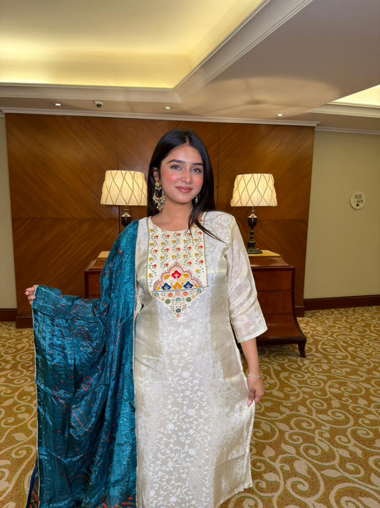 Women Off-White Embroidered Kurta Set with Teal Dupatta | Elegant Festive Ethnic Wear