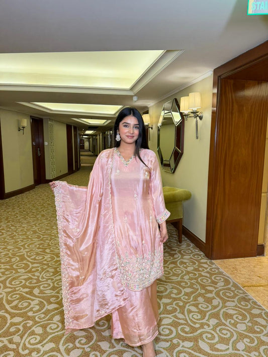 Women Blush Pink Embroidered Kurta Palazzo Set with Dupatta | Premium Wedding & Festive Wear