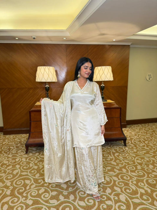 Women Ivory Embroidered Kurta Sharara Set with Dupatta | Premium Wedding & Festive Wear