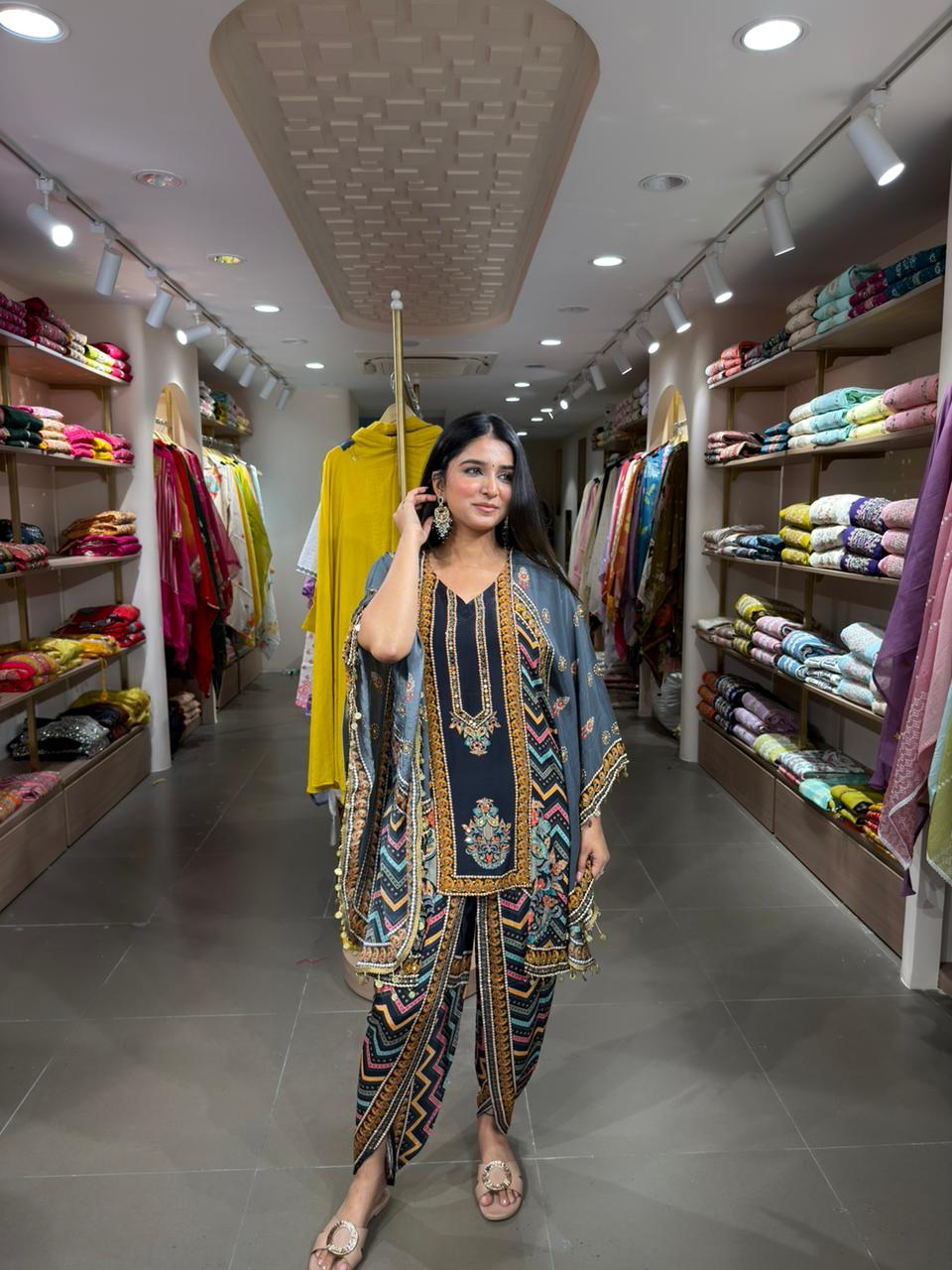 Women Navy Blue Printed Indo-Western Co-ord Set with Dupatta | Fusion Ethnic Wear