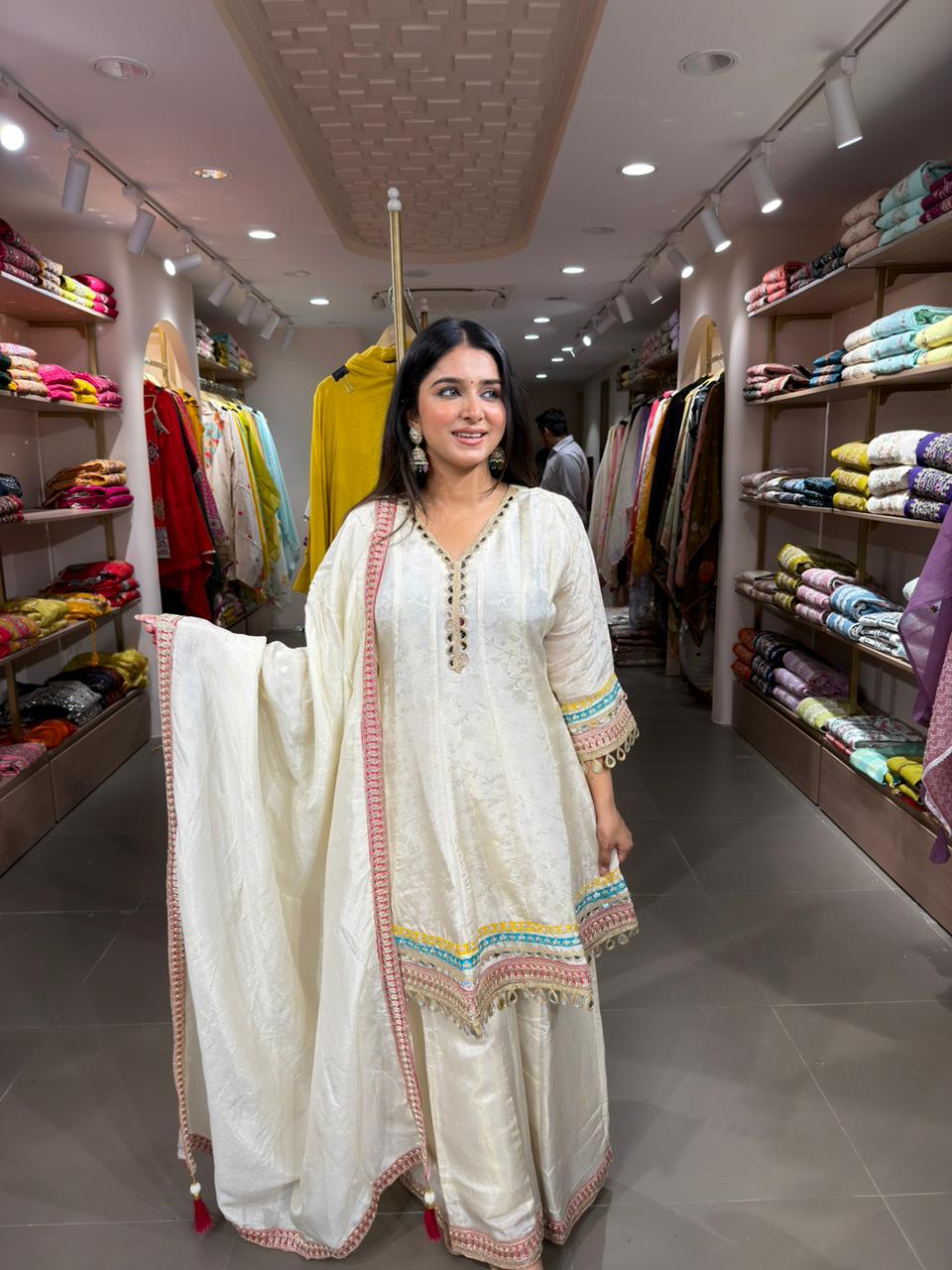 Women Ivory Embroidered Kurta Sharara Set with Dupatta | Elegant Festive Ethnic Wear