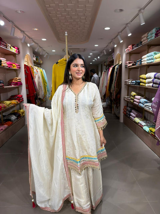 Women Ivory Embroidered Kurta Sharara Set with Dupatta | Elegant Festive Ethnic Wear