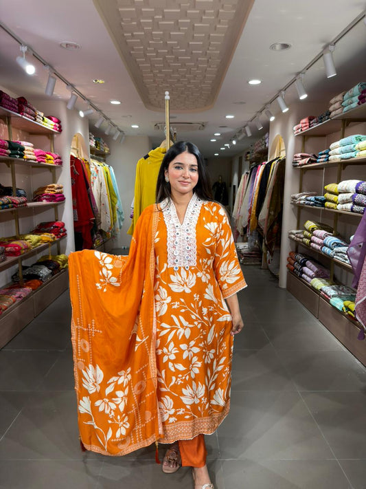 Women Orange Floral Printed Cotton Kurta Set with Dupatta | Summer Casual Ethnic Wear